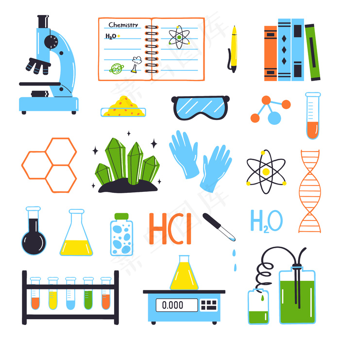 在平面样式的白色背景矢量图上隔离的化学研究项目集eps,ai矢量模版下载