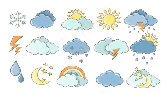 天气好了。白云、树叶上的露珠、雾征、日夜预报设计。太阳和雷雨贴纸。彩色卡通天气图标系列。
