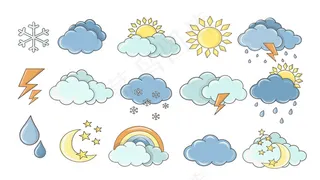 天气好了。白云、树叶上的露珠、雾征、日夜预报设计。太阳和雷雨贴纸。彩色卡通天气图标系列。