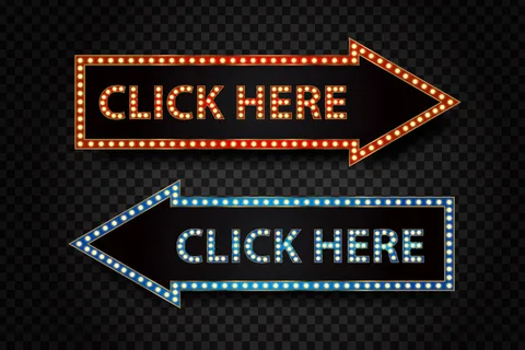 现实的霓虹灯与文字复古标志箭头点击这里覆盖和装饰网站上的透明背景。赌场界面的概念。