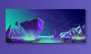 与外星行星风景的空间背景与从地面裂缝的山绿色发光