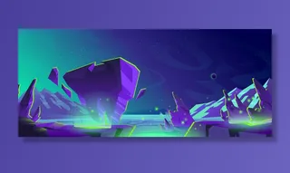 与外星行星风景的空间背景与从地面裂缝的山绿色发光