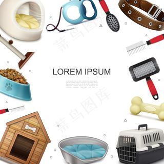 逼真的宠物梳毛模板，带猫抓杆传送带食物狗屋梳子骨项圈皮带插图