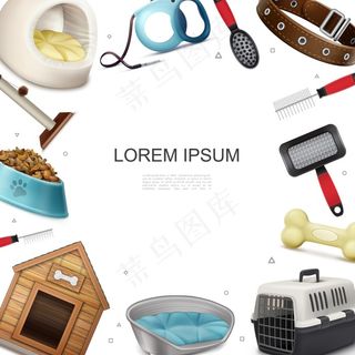 逼真的宠物梳毛模板，带猫抓杆传送带食物狗屋梳子骨项圈皮带插图