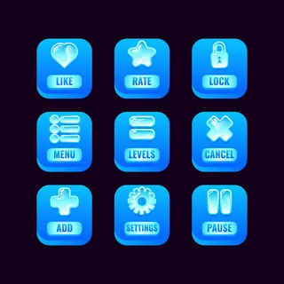 集合一组方形冰按钮与果冻图标的游戏用户界面资产元素