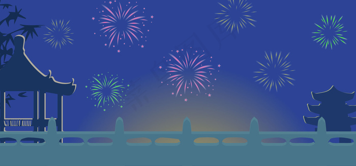 新年元旦烟花节日中国风古建筑古风海报背景