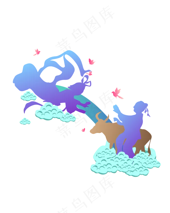 七夕牛郎织女剪影(4167*5208px 300 dpi )ai矢量模版下载