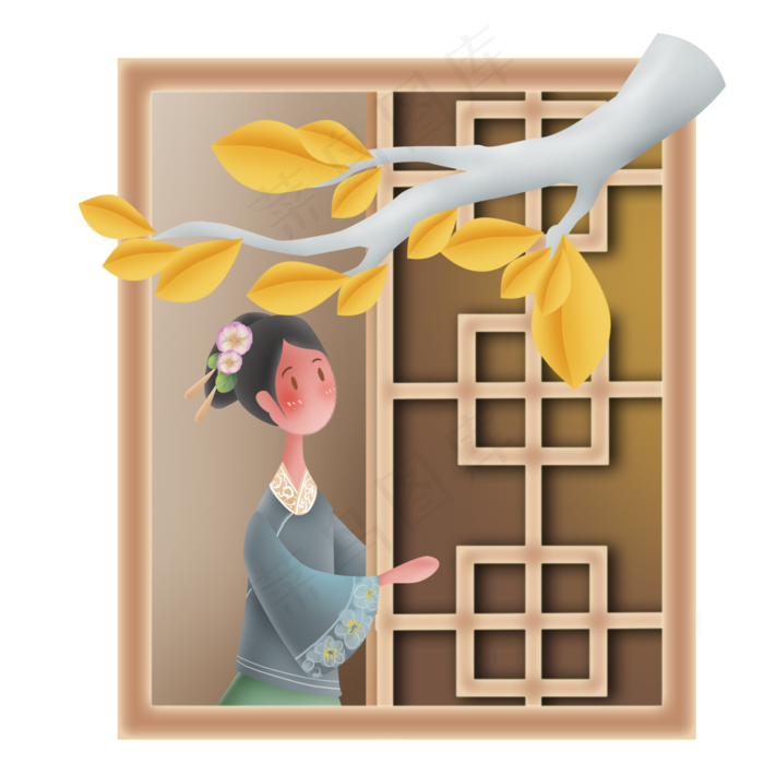 秋天古代窗子里的女孩