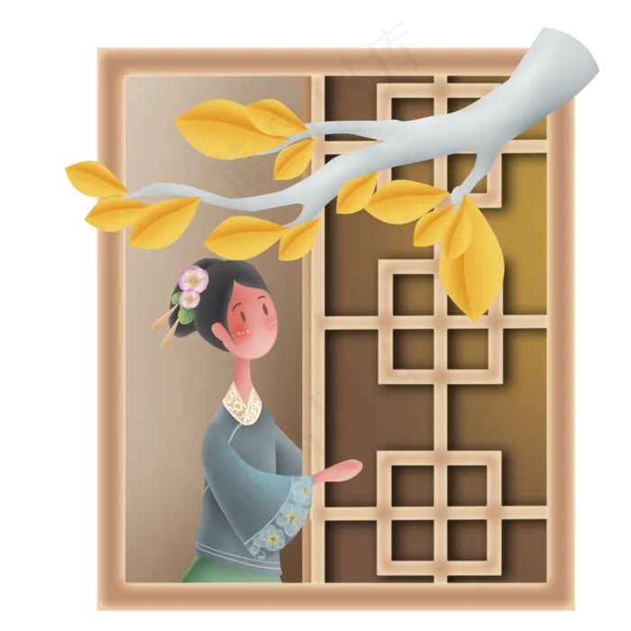 秋天古代窗子里的女孩(2000X2000(DPI:299))psd模版下载