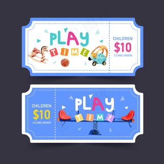 游乐场门票设计与跷跷板，摇摆马，篮球水彩画插图。