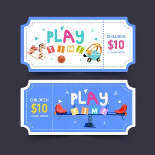 游乐场门票设计与跷跷板，摇摆马，篮球水彩画插图。