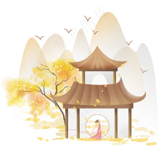 秋天院子里赏秋的古代少女