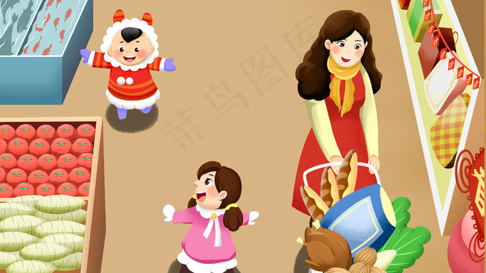 卡通手绘风买年货配图
