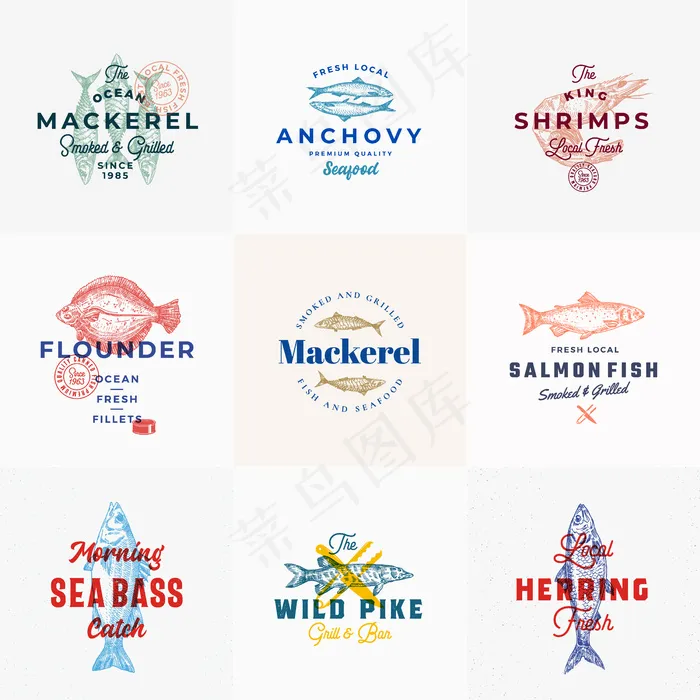 高级海鲜标志模板集手绘鱼eps,ai矢量模版下载