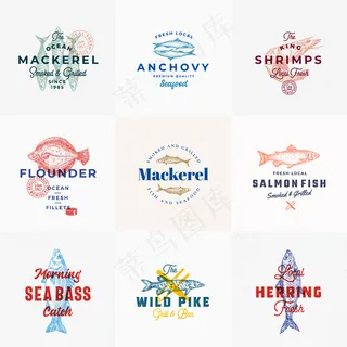 高级海鲜标志模板集手绘鱼