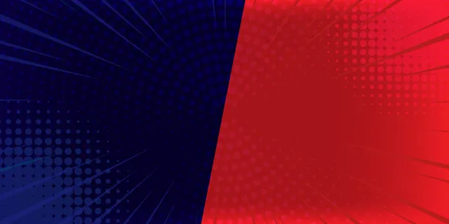 波普艺术漫画背景闪电爆炸半色调点。红色和蓝色的卡通插图。