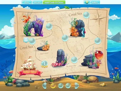 鱼世界-示例屏幕水平，游戏界面与进度栏，对象，按钮