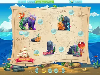 鱼世界-示例屏幕水平，游戏界面与进度栏，对象，按钮