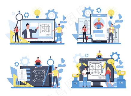 在不同的设备概念艺术上设计在线服务或平台。技术和科学。制造机器和结构的专业职业。 在不同的设备概念艺术上设计在线服务或平台。技术和科学。制造机器和结构的专业职业。