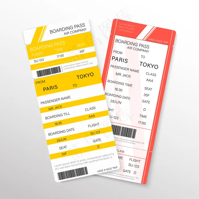 乘飞机旅行的航空公司登机牌票。插图。eps,ai矢量模版下载
