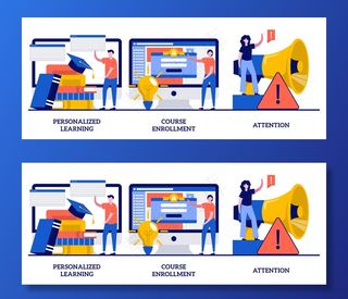 个性化学习，课程注册，关注小人物概念。灵活的学习计划抽象插图集。申请学位课程，应届生，专心致志。