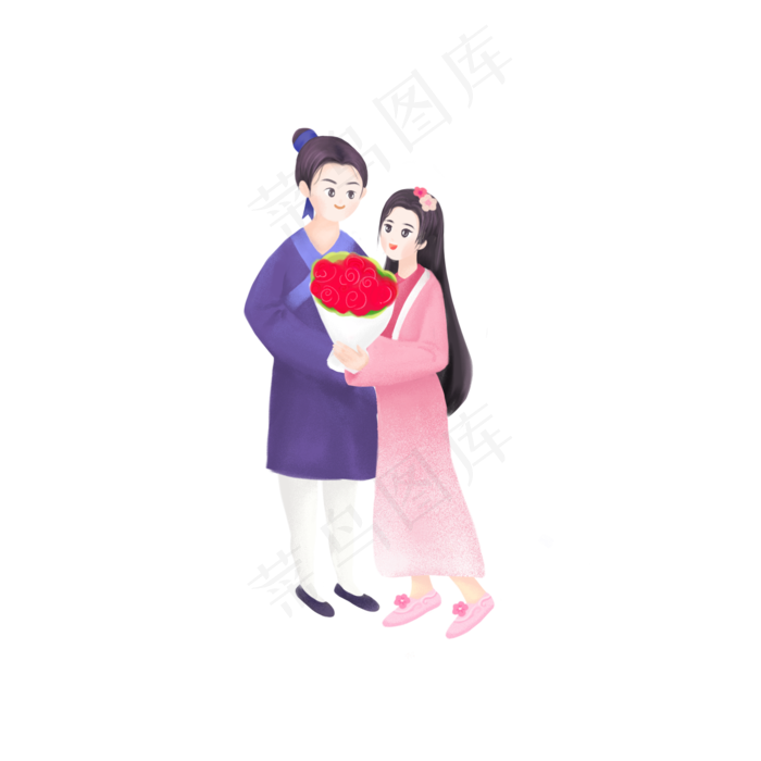 七夕情人节牛郎织女相会送花手绘