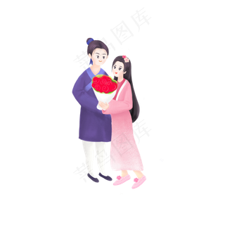 七夕情人节牛郎织女相会送花手绘