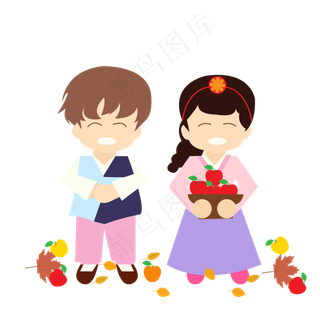 卡通手绘男生和女生丰收矢量图