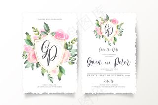 带有徽章和花押的鲜花婚礼请柬