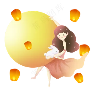 中秋节抱着月亮的女孩素材