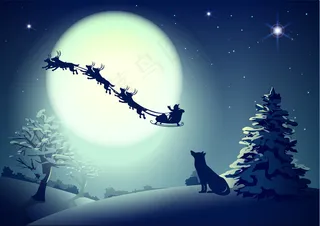 圣诞老人在满月的背景下出现在夜空中。