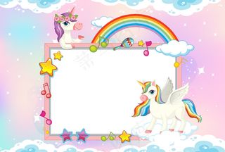 在柔和的天空背景下有可爱的独角兽的空白横幅banner