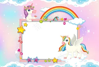 在柔和的天空背景下有可爱的独角兽的空白横幅banner