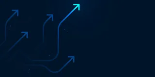 深蓝色背景上的亮箭头向上电路，带有复制空间复制插图，业务增长概念。