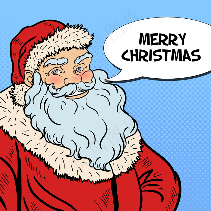 波普艺术微笑的圣诞老人在滑稽的演讲泡泡里祝圣诞快乐。插图