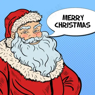 波普艺术微笑的圣诞老人在滑稽的演讲泡泡里祝圣诞快乐。插图