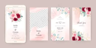 电子婚礼请柬模板集花卉和水彩背景。为社交媒体故事插画，保存日期，问候，回复，谢谢