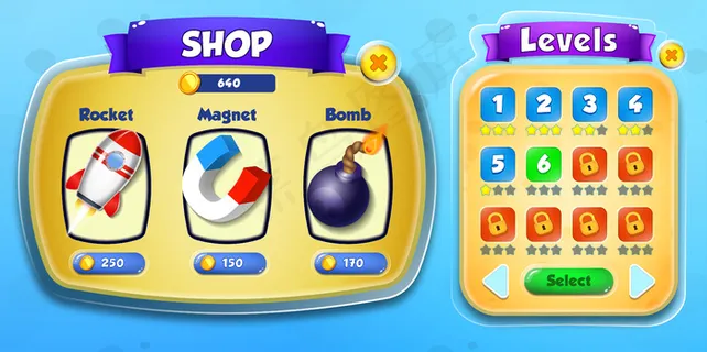 休闲卡通儿童游戏ui游戏商店和水平菜单弹出