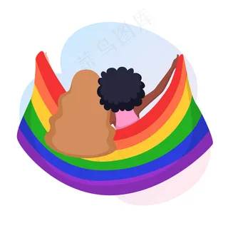 这对年轻的女性夫妇拥抱在一起，举着一面彩虹般的lgbt自豪旗。