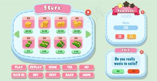 休闲卡通儿童游戏ui商店，你失去和退出菜单弹出与明星按钮