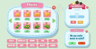 休闲卡通儿童游戏ui商店，你失去和退出菜单弹出与明星按钮