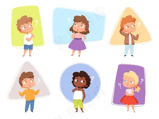 会思考的孩子。儿童提问表达和问号。孩子问问题，表情困惑，迷惑不解的孩子插画