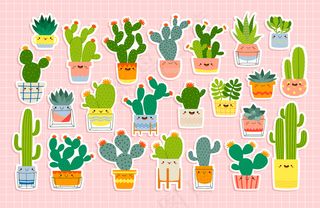 大套不同的可爱仙人掌和肉质贴纸有趣的脸在粉彩粉红色的背景盆。不同仙人掌的插图