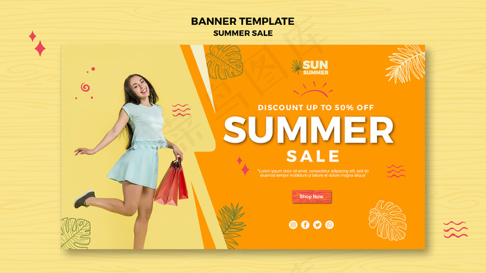 女子购物夏季销售横幅banner