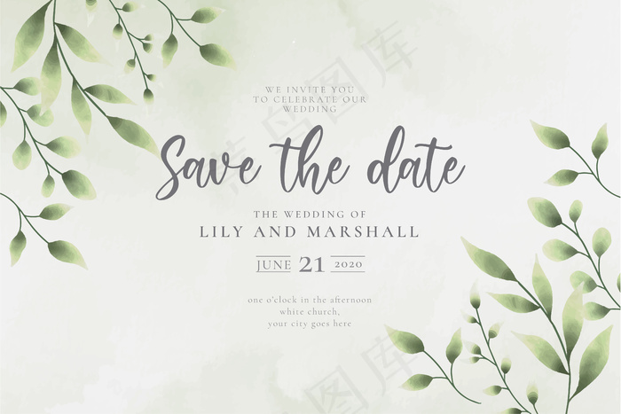 美丽的保存日期与水彩叶婚礼背景