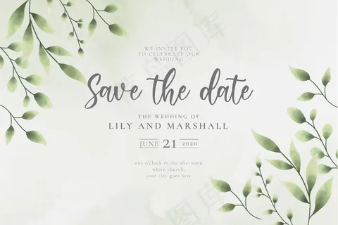 美丽的保存日期与水彩叶婚礼背景