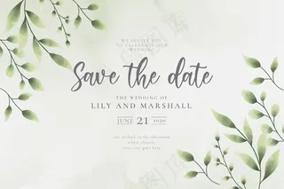 美丽的保存日期与水彩叶婚礼背景