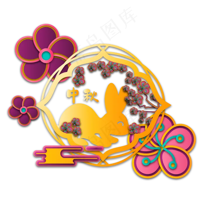中秋月兔花朵剪纸边框(2000*2000px 300 dpi )ai矢量模版下载