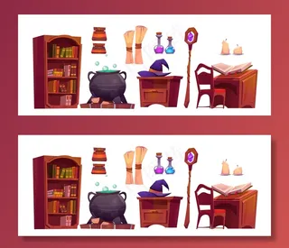 魔法学校内部有打开的咒语书，纸卷，杖和带有药剂的锅