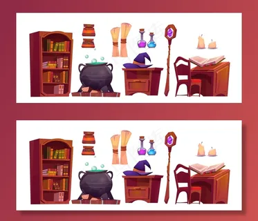 魔法学校内部有打开的咒语书,纸卷,杖和带有药剂的锅 魔法学校内部有打开的咒语书,纸卷,杖和带有药剂的锅